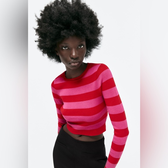 Zara Sweaters - Zara Bold Striped Barbie Pink Ribbed Knit Cropped Sweater Size S